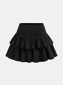 SHEIN Girlism Teen Girls Casual, Sports, Preppy, Back To School, Black Layered Ruffle Hem Cake Tutu Skirt Shorts Skirt, Spring And Summer