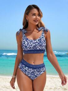 Swim Vcay Women 2 Pieces Swimsuit Set, Floral Print On White Background, Elegant Casual Beach Vacation Design With Tie Shoulder Straps - Blue - View 4