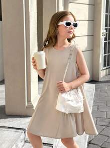 SHEIN Leap Crew Tween 女童圆领无袖荷叶边下摆纯色休闲连衣裙，卡其色