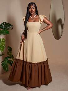 Maweii 夏季女士加大码宽松拼接休闲度假曲线女式长裙