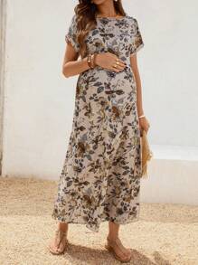 SHEIN 孕妇休闲度假波西米亚风花卉太阳裙 - 卡其色 - 查看 6