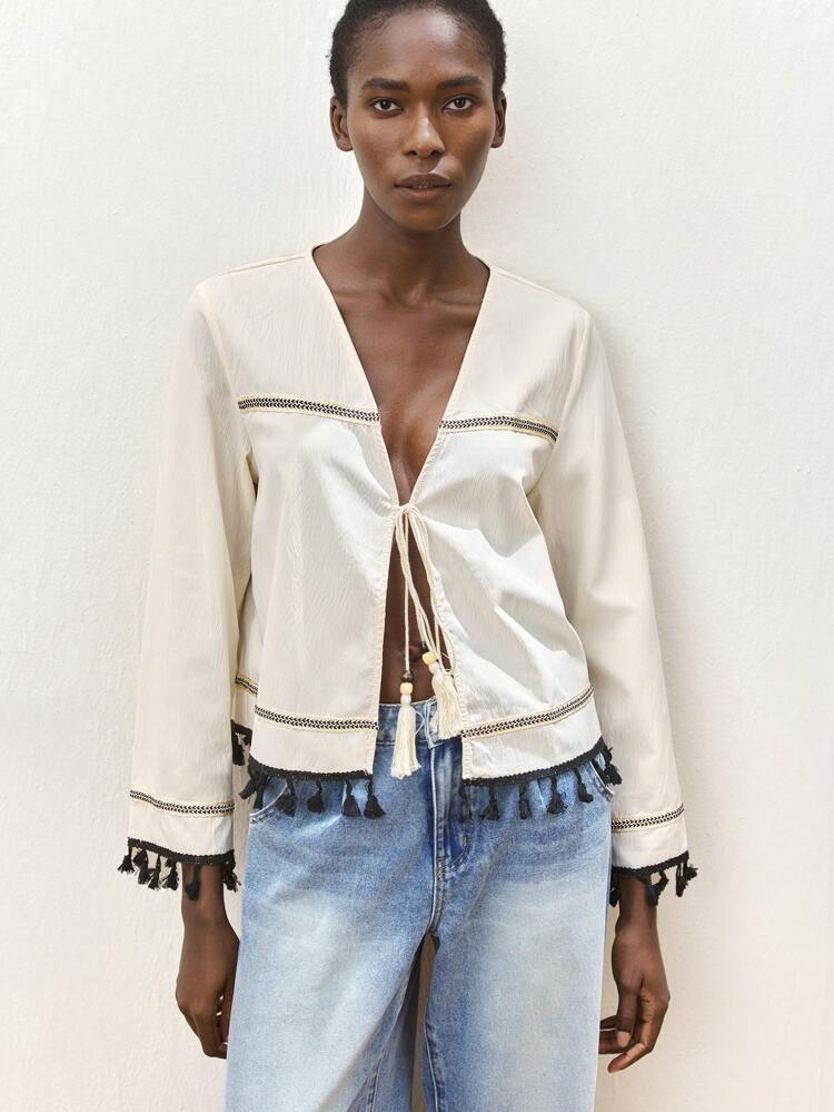 SHEIN Maija Women's Knotted Contrast Color Fringe Decoration Long Sleeve Regular Jacket