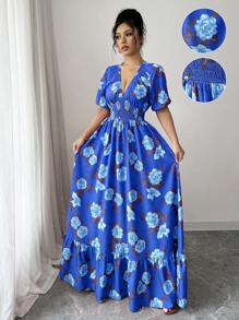 Elenzga Women Floral Print Deep Shirred Short Sleeve Super Long Dress - Dusty Blue - View 1