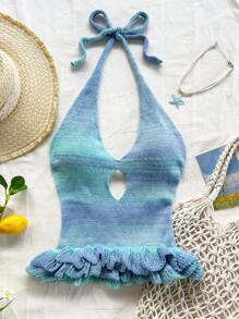 Soleia V-Neck Halter Tie Hollow Out Ombre Knitted Vacation Top, Suitable For Holiday, Date, Afternoon Tea, Music Festival, Boho Summer Beach, Blue - Baby Blue - View 5