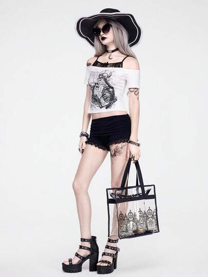 Goth 1pc Women's Transparent Black Tote Bag With Sun, Moon, Star And Cross Pattern, Waterproof For Daily, Shopping And Beach Use