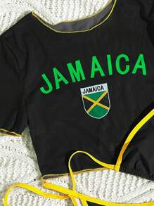 SHEIN Swim 3pcs Women's Spring Break Green Strap Top & Thong Bottoms & Round Neck Short Sleeve Casual Sporty Bikini Set, Festival Boho Style For Summer Beach Vacation