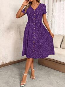 SHEIN Clasi V-Neck Button Red Polka Dot Waist Cinched Women Dress,Spring Clothes,Valentine Day Dress - Purple - View 4