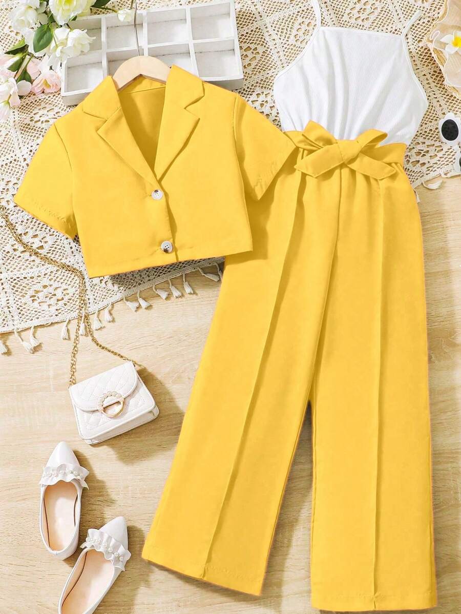 SHEIN Tween Girls Solid Lapel Neck Button Down Short Sleeve Top And Wide Leg Pants Casual 2 Pieces Set - Yellow - View 1