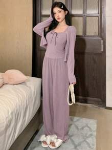 DAZY 3pcs/Set Wave Trim Decor Bowknot Camisole Top & Straight Hem Pants & Open Front Top Lounge Set, Cozy Outfits, Fall Winter Clothes - Purple - View 4
