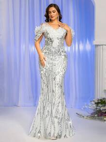Glamrae Vestido de noche formal de talla grande de color albaricoque, con cuello en V profundo, decoración floral 3D, bajo de sirena con cola entrenada