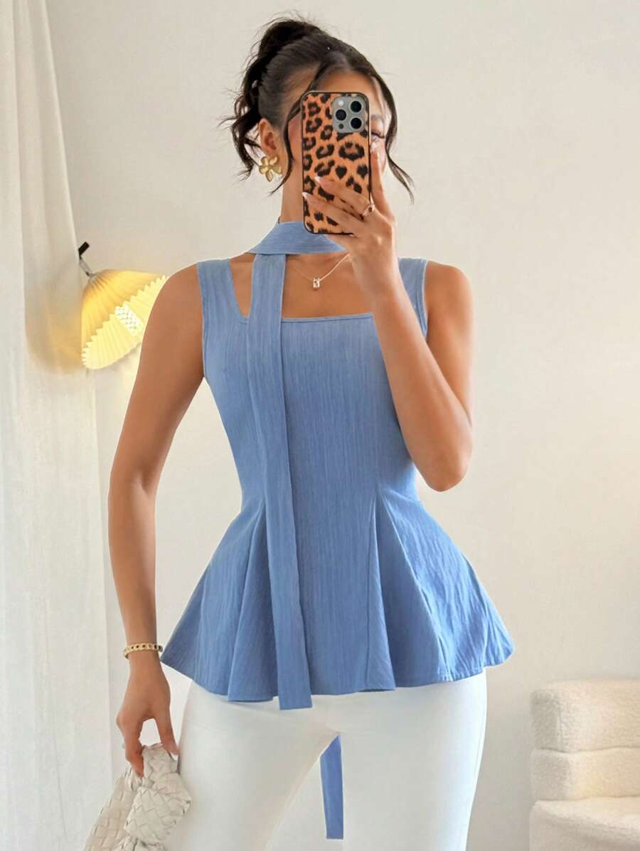 SHEIN Clasi 新款优雅复古蓝色方领无袖荷叶边上衣，适合度假和办公室穿着，春夏季 - 藍色 - 查看 1