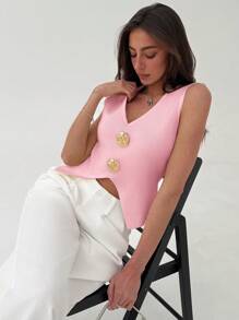 Aloruh V-Neck Sleeveless Solid Color Sweater, Suitable For Spring/Autumn