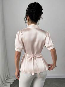 SHEIN Clasi Blus Elegan Wanita Warna Polos dengan Kerah Berkerut dan Lengan Pendek Mengembang - Aprikot - View 2