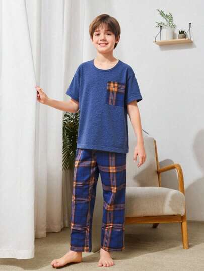 2件套/套 男童休闲碎花格纹短袖上衣和靛蓝色格纹长裤，舒适家居服 男童套装 童装 男童服装 男童套装