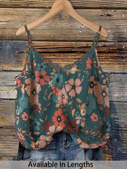 SHEIN PETITE CURVE 加大码花卉印花蕾丝拼布吊带背心，夏季乡村音乐会图案上衣，适合身材较矮的人