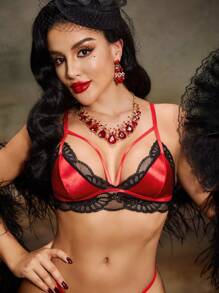 SHEIN Bra Lingerie Tanpa Jahitan Tanpa Kawat dengan Renda Kontras untuk Wanita - Hitam - View 4