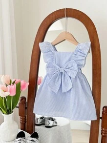 SHEIN LMoss Kids Babygirl Cute Summer Blue & White Striped Bow Ruffle Trim Loose Casual Dress - Blue and White - View 6