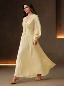 Anewsta 女士优雅V领褶皱腰褶连衣裙，女士生日礼服，婚礼宾客礼服 - 黃色 - 查看 3