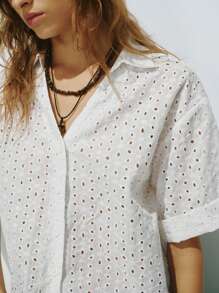 Lumivelle Blusa de unicolor con bordado sencillo para mujer, apropiada para uso diario, vacaciones y viajes - Blanco - Ver 6