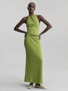 Ontre 2025年新品，极简主义服饰，都市风格，牛油果绿，松紧腰身，针织，女式喇叭裙，罗纹针织纹理，时尚，日常穿着，春夏 - 綠色 - 查看 2