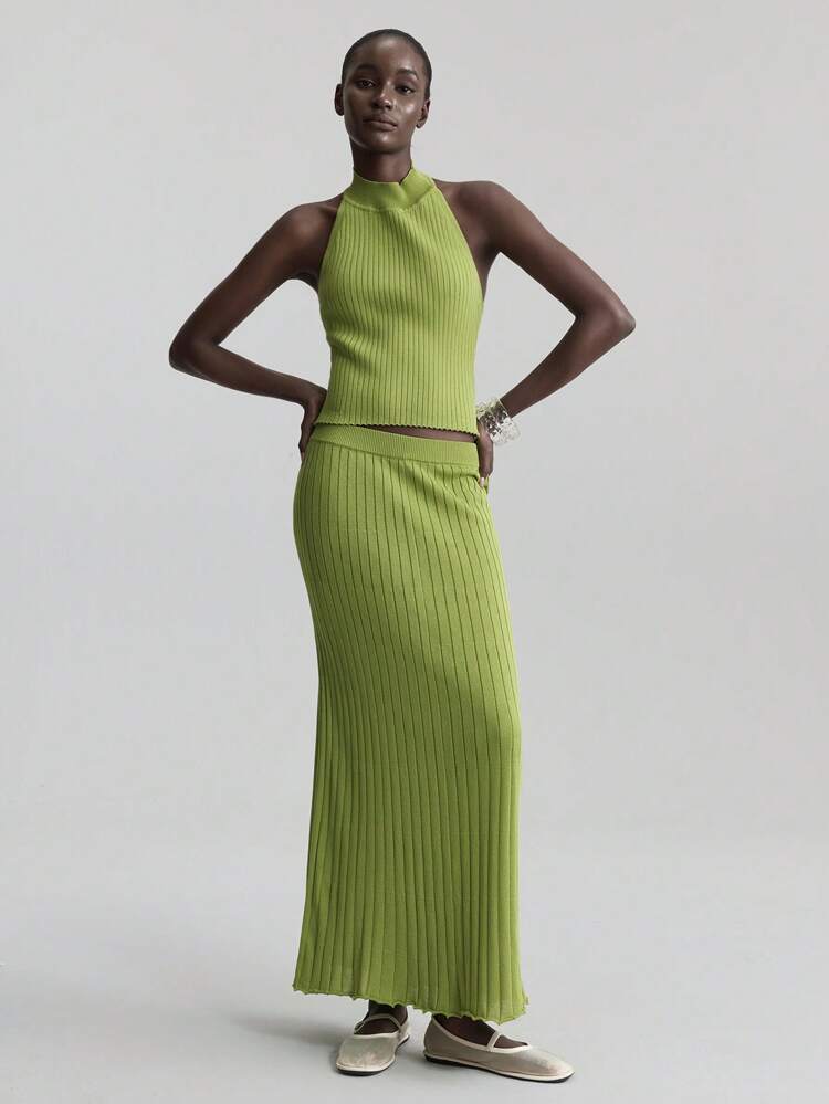 2025 Women Flared Skirt,Rib Knit Texture Elastic Waist Minimalist Knitted Apparel,Effortless Chic Urban Style Olive Green Autumn Brunch Daily Wear