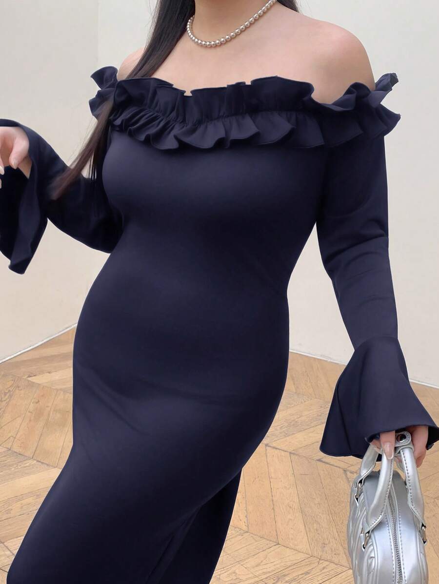 Modelyn Plus Size Elegant Off Shoulder Ruffle Bell Sleeve Dress - Blue - View 1