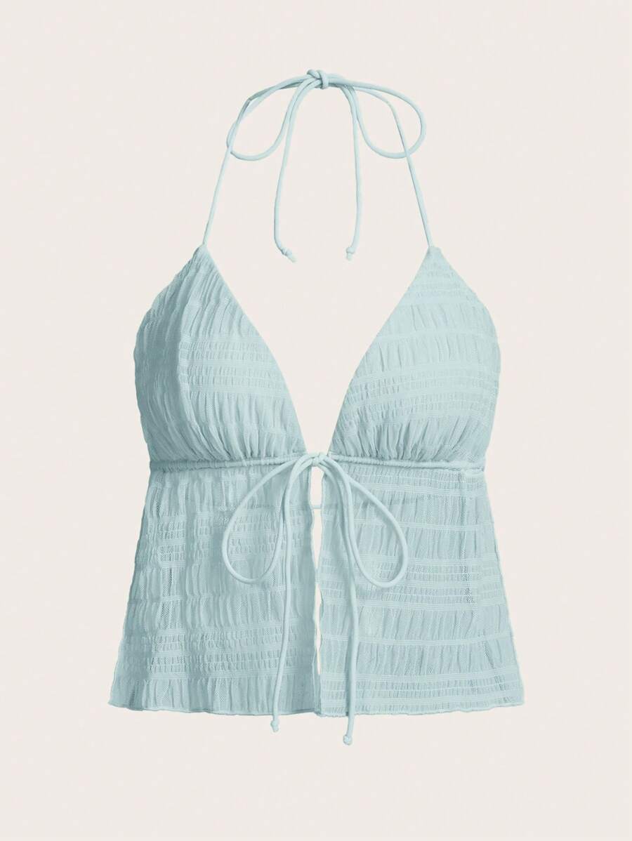 SHEIN ICON Split Hem Tie Backless Mesh Halter Y2k Top - Baby Blue - View 1