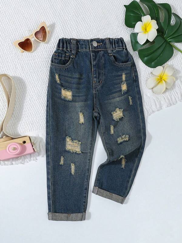 SHEIN Young Girl Daily Boho Casual Butterflies Print Ripped Roll Up Hem Elastic Waist Denim Shorts