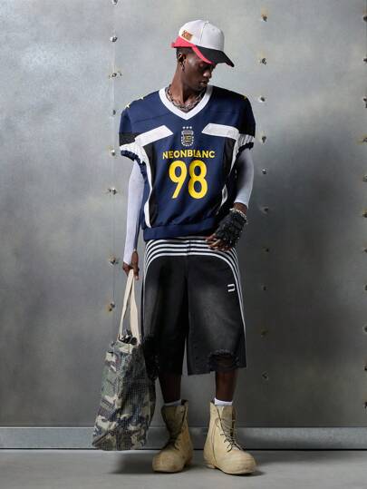 NEON BLANC 男士街头风格针织数字和字母刺绣圆领短袖T恤，适合夏季