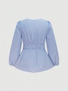 SHEIN MOOSTA Camisa informal de manga larga con detalles de twist, estampado de rayas y flores, para vacaciones de verano en tallas grandes - Multicolor - Ver 2