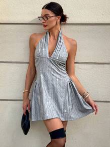 SHEIN Essnce Women's Sexy Deep V-Neck Backless Mini Dress, Summer - Grey - View 4