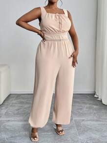SHEIN PETITE CURVE Plus Size Khaki Casual Cropped Jumpsuit With Shirred Details And Square Neckline Lace Trim - Khaki - View 5