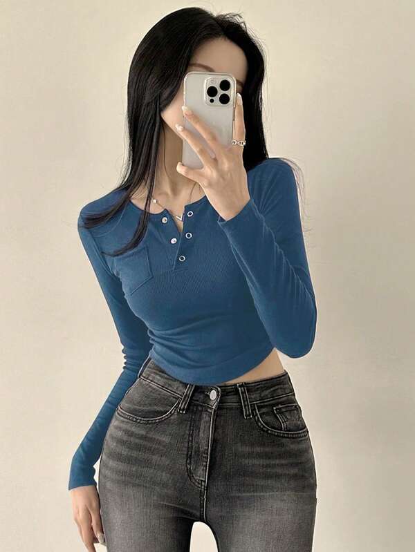 DAZY Camiseta de manga larga de unicolor para mujer, de moda para el verano