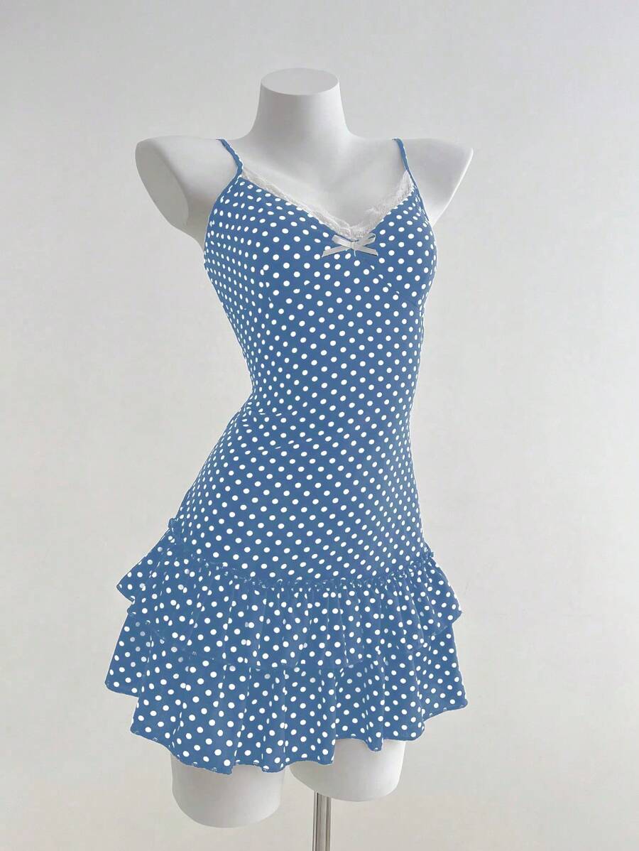 Elamini 女式圆点印花蝴蝶结装饰吊带背心迷你连衣裙