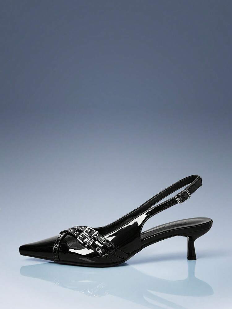 CUCCOO GRLICON Women's Pointed Toe Kitten Heel Slingback High Heels, Motorcycle Style, Suitable For Punk, Ballet, Unisex And Summer Holiday Outfits