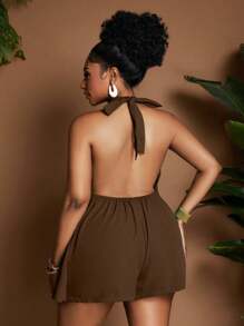 Maweii Plus Size Summer Casual Solid Color Backless Halter Romper - Brown - View 2