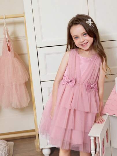 Elegant & Cute Pink Tulle Bow Decor Girls Dress