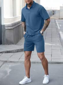 Manfinity CasualCool Conjunto de camisa polo de manga corta y pantalones cortos de unicolor informal para hombre, de verano