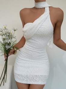 SHEIN EZwear Damen Große Größen Einfarbiges Minikleid mit asymmetrischer Schulter, modisch für den Sommer