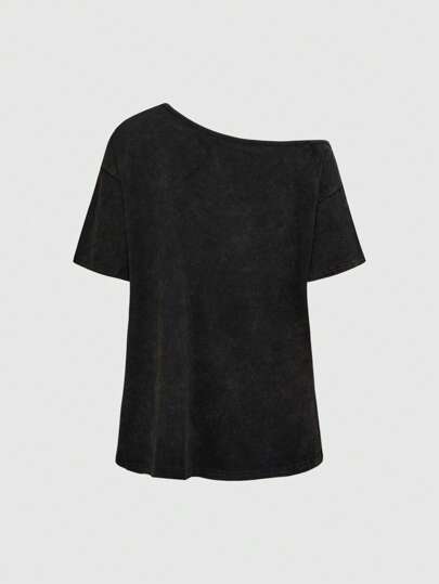Grunge Punk Camiseta de manga corta asimétrica y hombro con estampado vintage de estrellas y vides en color gris para talla grande, con estilo punk callejero sexy