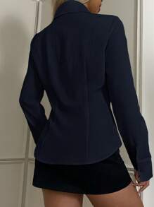 SHEIN EZwear Women's New Embroidery Decor Navy Blue Fitted Long Sleeve Shirt - Navy Blue - View 2