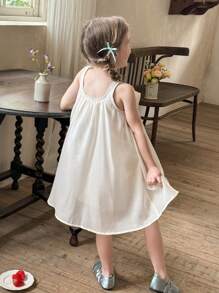 LMoss Kids 年轻女孩编织网眼方领3D花卉无袖连衣裙 - 杏色 - 查看 2