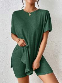 SHEIN Frenchy Women Solid Color Round Neck Batwing Short Sleeve T-Shirt & Shorts Casual 2Pcs Set Summer Green - Dark Green - View 5