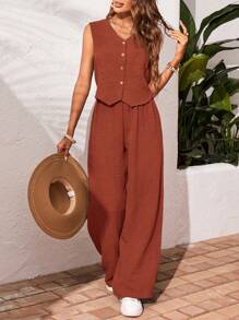 SHEIN Frenchy 2pcs Vacation Casual Solid Color Tank Top & Pants Set Summer Holiday Resort - Burnt Orange - View 3
