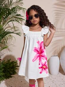 Young Girls Cute Flower Print Ruffle Hem Loose A-Line Casual Vacation Home Outdoor Back To School Dress, Spring/Summer - Apricot - View 5