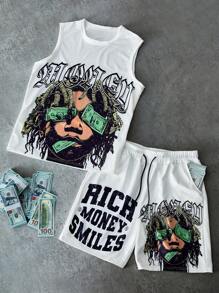 PAVTROS 男士富贵钱创意头像字母印花白色背心套装男两件套街头男士两件套男两件套夏季 - 彩色 - 查看 1