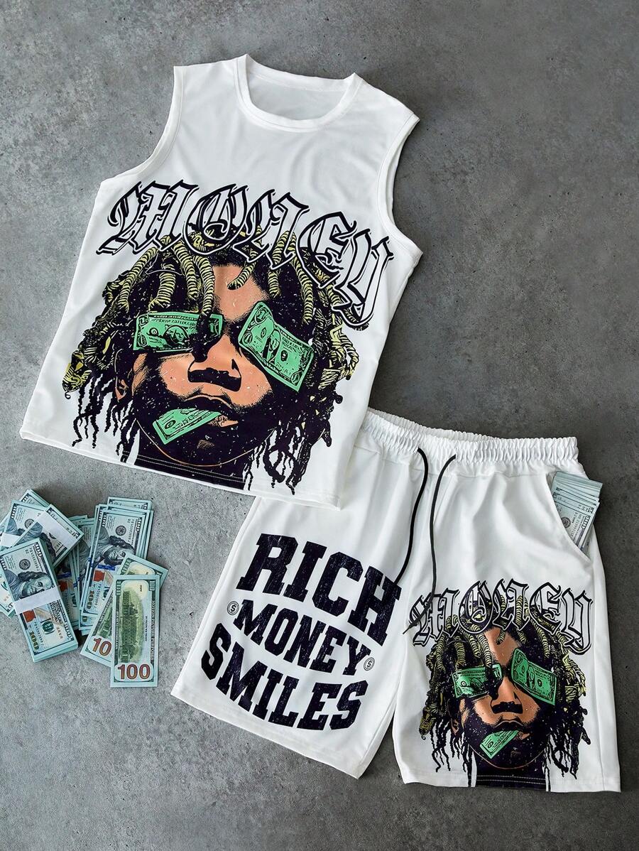 PAVTROS 男士富贵钱创意头像字母印花白色背心套装男两件套街头男士两件套男两件套夏季 - 彩色 - 查看 1