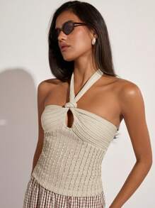 COSMINA Women's Solid Color Tassel Hem Hollow Out Backless Tank Top - Khaki - View 1