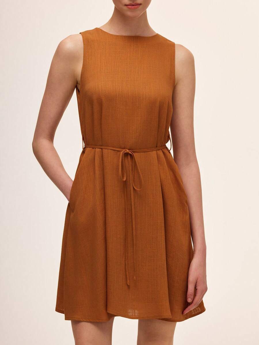 SHEIN Unity Women Elegant Solid Color Sleeveless Round Neck Dress - Brown - View 1