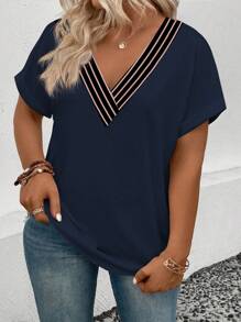 SHEIN EMERY ROSE CURVE Women's Plus Size Contrast Color Stripe V-Neck Short Sleeve Cuffed Casual T-Shirt, Versatile For Spring/Summer